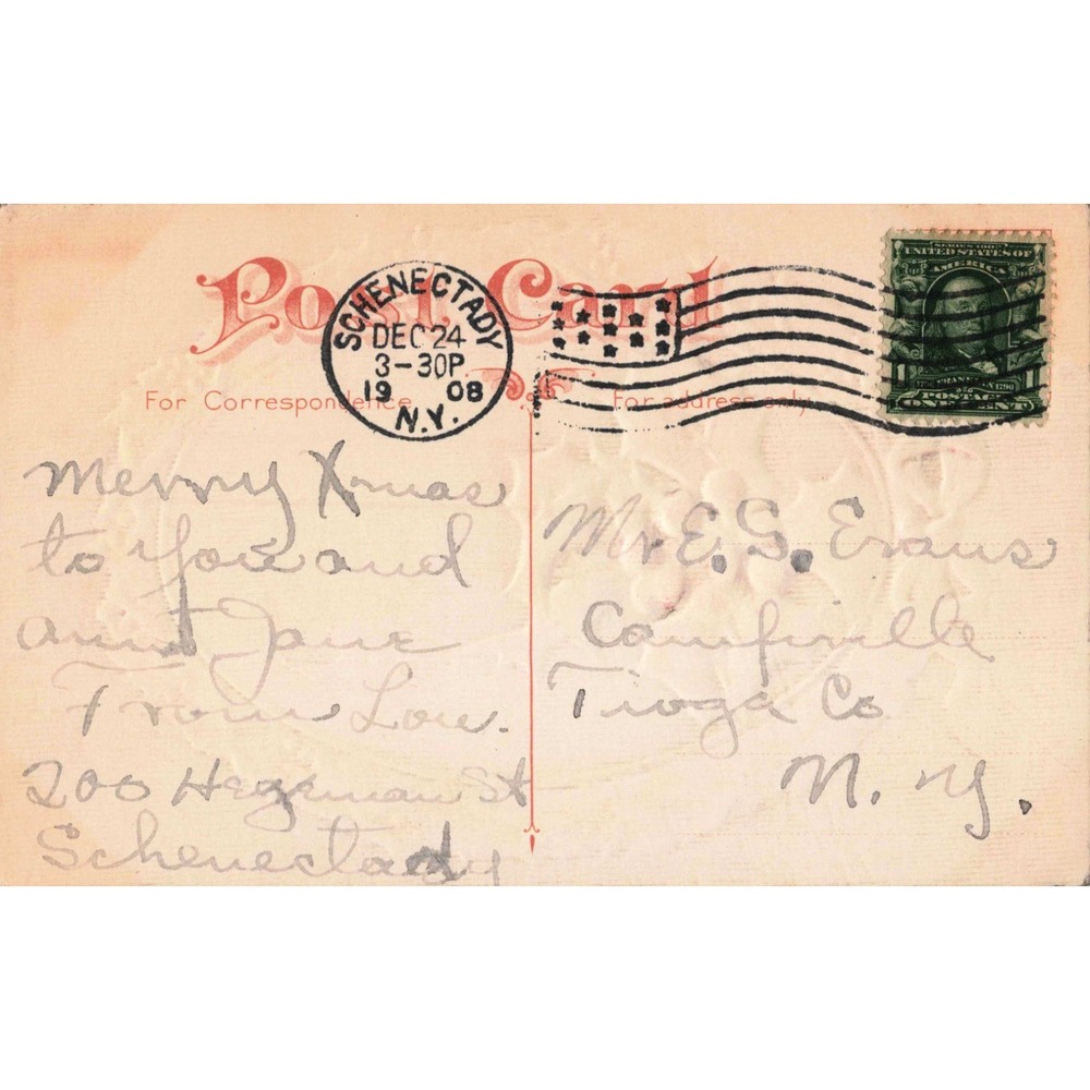 Vintage 1908 Merry Christmas Postcard Embossed Holly Wreath Schenectady NY VG- - Picture 2 of 2